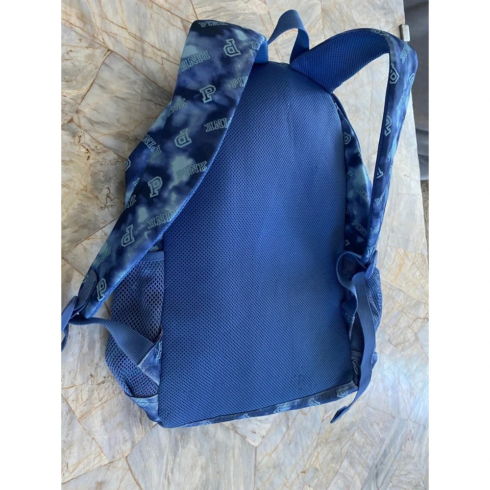 Victoria's Secret PINK Blue Tie Dye Logo Backpack Padded Straps Mesh Pockets